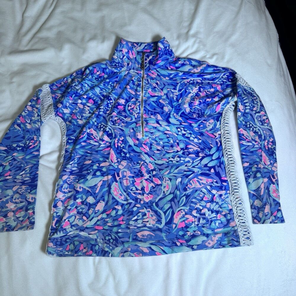 Lilly Pulitzer Skipper Popover Party Wave Blue Pink Half Zip XS Lace Pullover